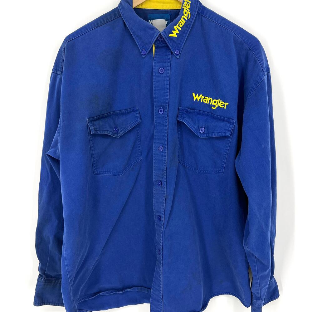 VTG Wrangler Embroidered Logo Front & Back Royal Blue Yellow Button Shirt  2XL